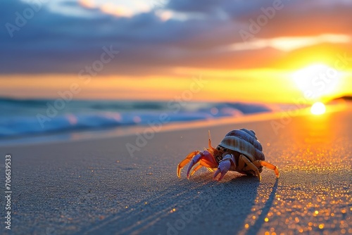 Solitary hermit crab scuttling along a sandy beach at sunset