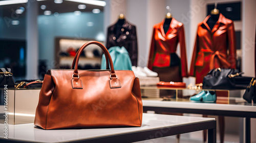 Women's brown leather bag on counter of fashion boutique. Without people. Women's accessories and clothing store. There are mannequins with clothes in background.