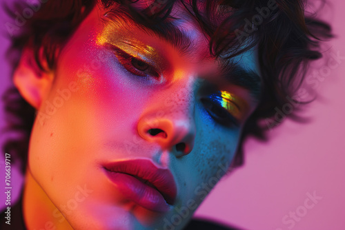 Charming transgender man with bright makeup on color background