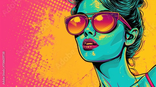 Beautiful 90s Woman Upper Body Summer Vintage Comic Style Poster Background - 1990s Girl Cartoon Summer Wallpaper created with Generative AI Technology