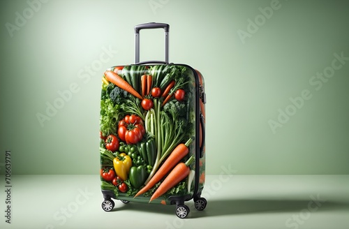 a travel suitcase vibrantly decorated with a variety of colorful vegetables photo
