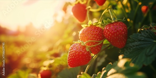As the Sun Sets, a Lush Strawberry Field Flourishes: Organic Farming Yields Fresh, Ripe Berries, Natures Bounty, Generative AI photo