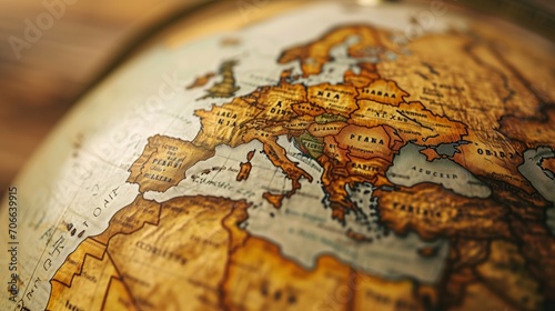 Close up of europe on an antique style globe