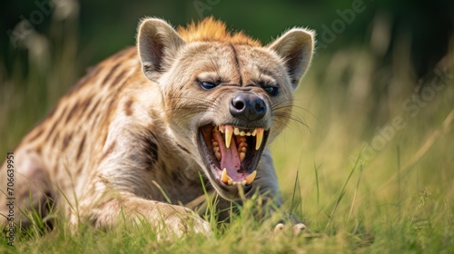 hyena in the grass roaring