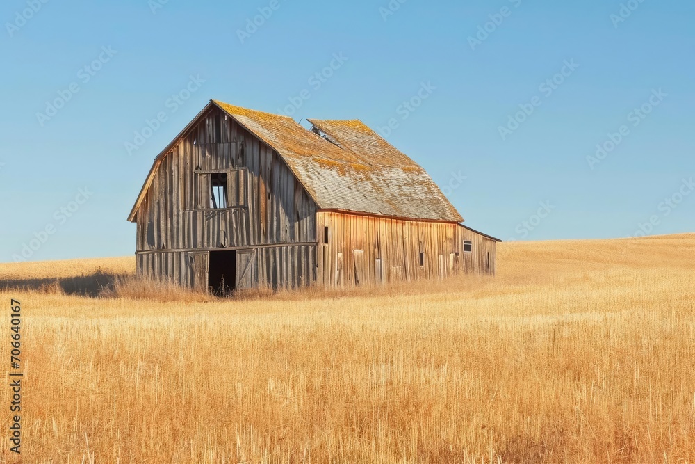 Weathered barn in a golden field under a clear blue sky Weathered barn in a golden field under a clear blue sky