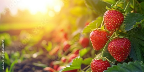 As the Sun Sets, a Lush Strawberry Field Flourishes: Organic Farming Yields Fresh, Ripe Berries, Natures Bounty, Generative AI