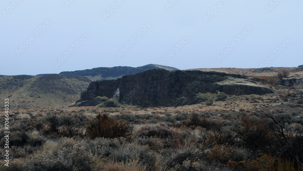 Rugged landscape in the outdoor wilderness of Frenchman Coulee on a bitter cold wintery fall season day in Washington state, USA