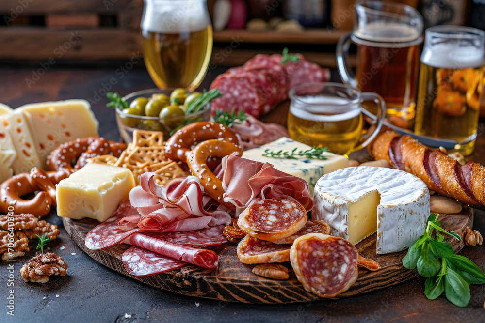 A platter of Belgian beer snacks, including artisanal cheeses, cured meats, and crispy pretzels