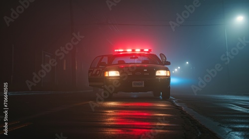 Halted police car with its lights and siren active, set against the backdrop of a night