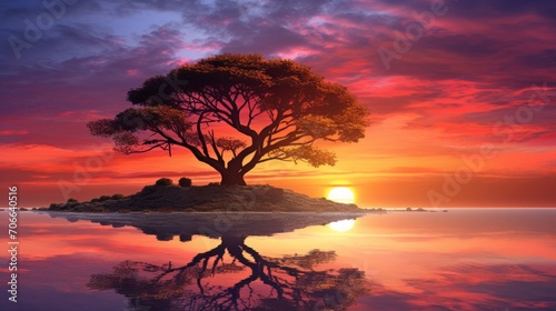 Beautiful tree in sunset over the lake