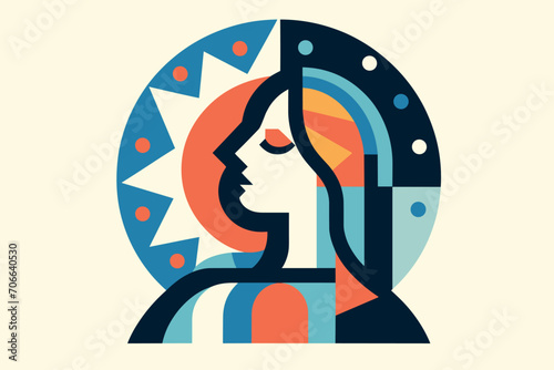 Goddess. Femininity and strength. Portrait of a woman in cubism style. Vector illustration. work of art. Abstraction, avant-garde.  Print, poster, painting