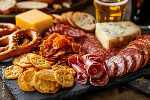 A platter of Belgian beer snacks, including artisanal cheeses, cured meats, and crispy pretzels photo