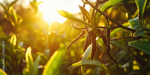 As the Sun Sets over a Vanilla Bean Plantation in Mauritius: Organic Farming Nurtures Fresh and Aromatic Vanilla Beans, a True Culinary Delight. Generative AI