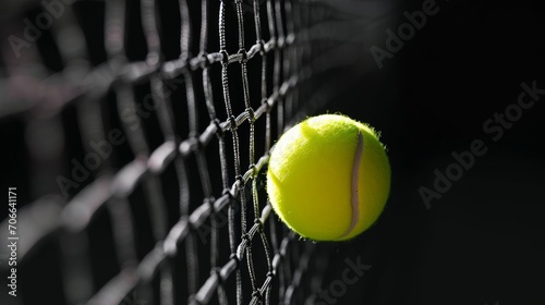 Tennis ball flying into the tennis net on black background