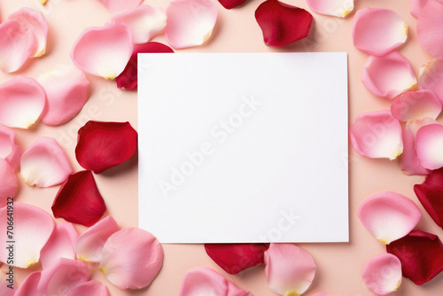 Blank card and rose petals on pastel pink background.