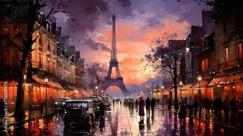 Digital painting of a romantic Paris street scene at sunset with the Eiffel Tower in the background and city life bustling.