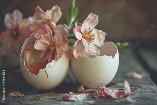 Soft pink flowers and eggshells photo