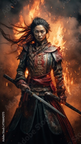 Ancient asian female fighter, holding a long stick, dust on her face, long hair flying in the wind, smoke, fire everywhere, scratches