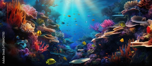 Colorful underwater world with coral  fish  and diving.