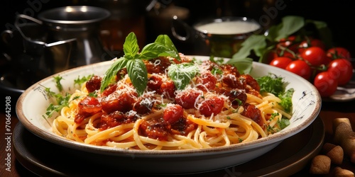 Amatriciana Culinary Masterpiece, A Visual Feast of Pasta Perfection with Tomato, Guanciale, and Pecorino Romano Harmony 