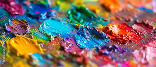 Uma fotografia em close-up de uma paleta cheia de tintas a óleo vibrantes, mostrando os materiais e cores usados na criação de uma obra de arte. photo