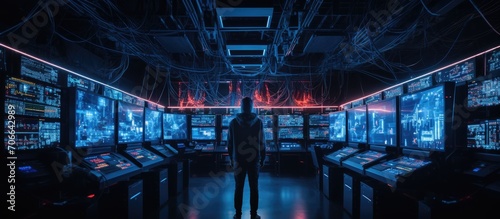 Secretly located hacker orchestrates extensive cyber-attack on company servers from a dimly lit, neon-filled server room. photo