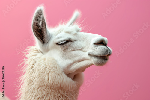 Llama smiling with happy expression and closed eyes on color background © thejokercze
