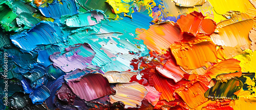 Uma fotografia em close-up de uma paleta cheia de tintas a óleo vibrantes, mostrando os materiais e cores usados na criação de uma obra de arte. photo
