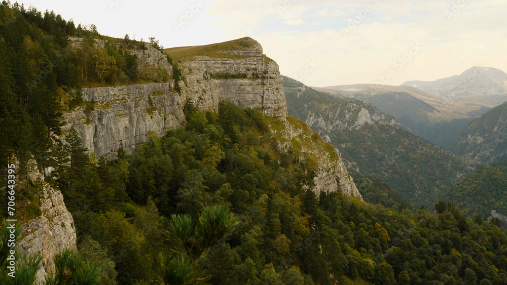 Beautiful view of a steep cliff and gorge. Pine trees grow at the foot of the cliff. Mountains and cliffs in the national park. Hiking in the mountains in the wilderness.
