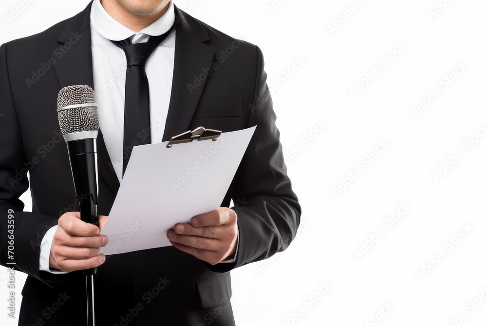 Articulate Man holding microphone and clipboard on white. Person man book hold interview. Generate Ai Articulate Man holding microphone and clipboard on white. Person man book hold interview. Generate Ai