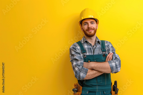 Man with electric tool ready for renovation works on color background photo