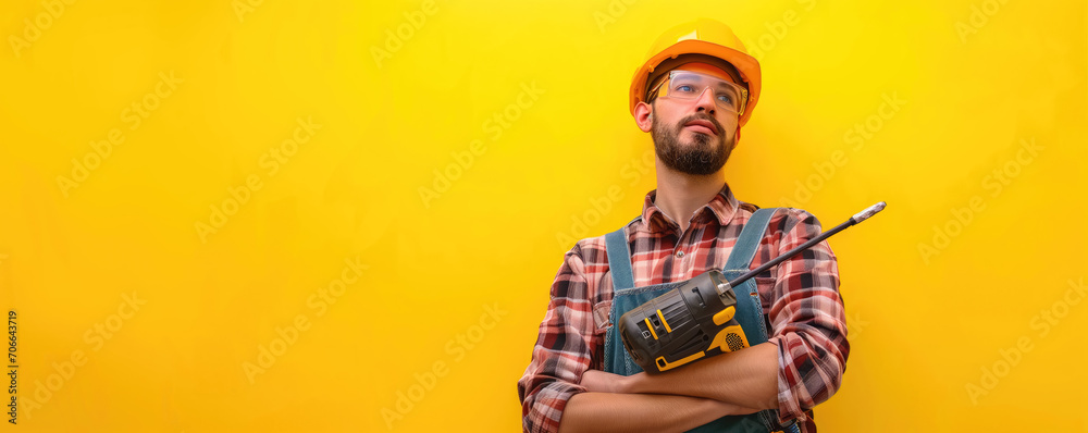 Obraz premium Man with electric tool ready for renovation works on color background