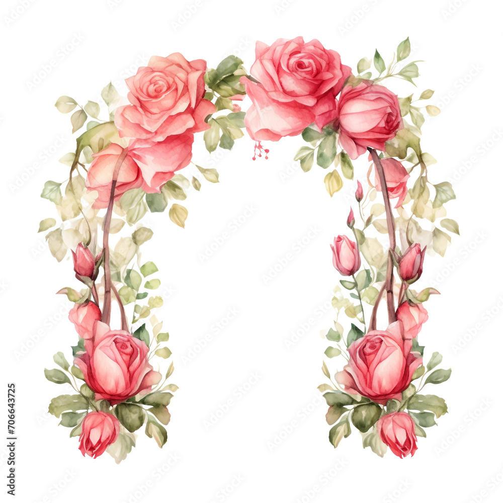 Watercolor painting of a romantic rose-covered archway, evoking a whimsical garden atmosphere.
