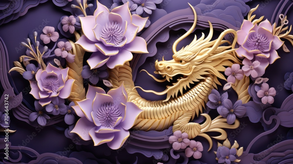 3d paper cut background. Abstract dragon and flowers in Chinese style. Concept for Lunar New Year holiday.