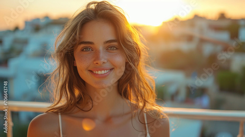 A stylish young woman with a vibrant smile, enjoying her morning coffee on a chic balcony overlooking a bustling cityscape, with soft morning light casting a warm glow on her elega