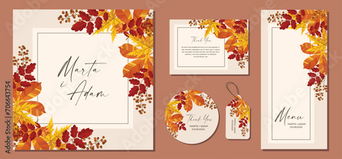 Wedding Invitation, menu card. Leaves design autumn foliage collection oak, maple, chestnut and ash. Vector elegant cute rustic greeting, invite postcard.