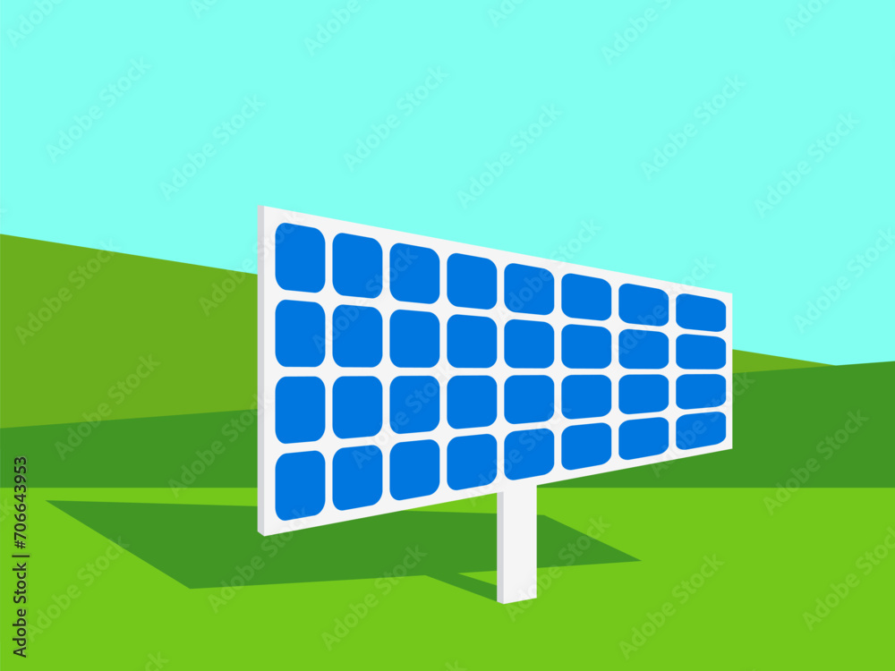 Solar panel on a green field. Landscape with a solar panel. Renewable energy, production of environmentally friendly electricity. Design of advertising products and posters. Vector illustration