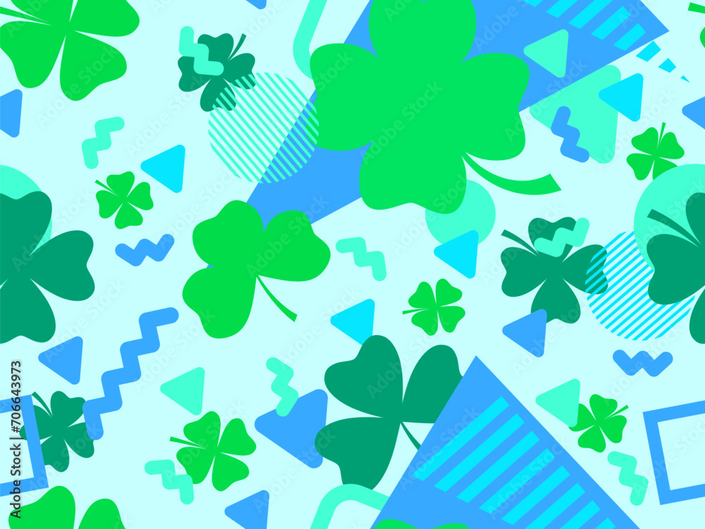 Obraz premium Seamless pattern with clover and geometric shapes in 80s Memphis style. St. Patrick's Day background with green four-leaf and three-leaf clovers for good luck. Vector illustration