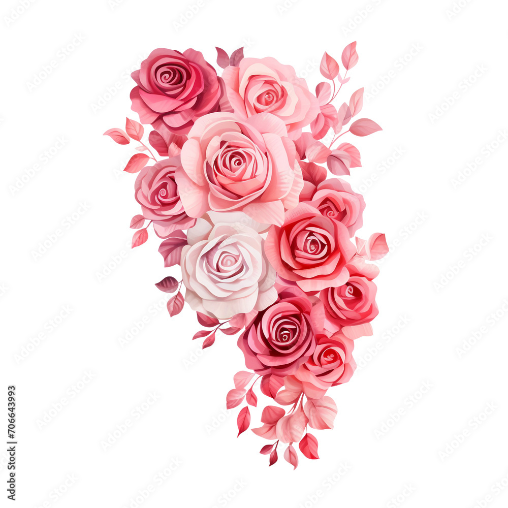 Artistic illustration of a lush bouquet featuring a variety of roses in multiple shades of pink, ideal for romantic concepts.
