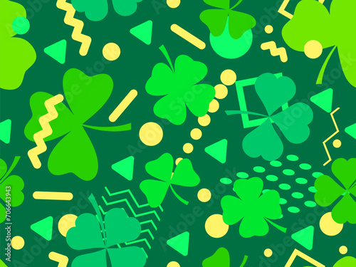 Seamless pattern with clover and geometric shapes in 80s Memphis style. St. Patrick's Day background with green four-leaf and three-leaf clovers for good luck. Vector illustration