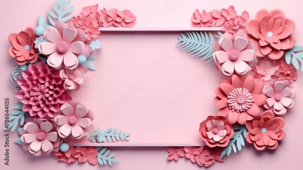Abstract paper cut flowers. Spring concept. Frame template for decoration, invitation, greeting card.