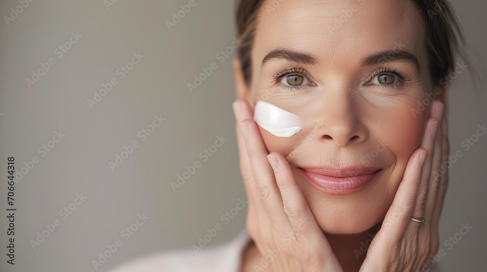 woman with cream swoosh on her cheek woman with cream swoosh on her cheek