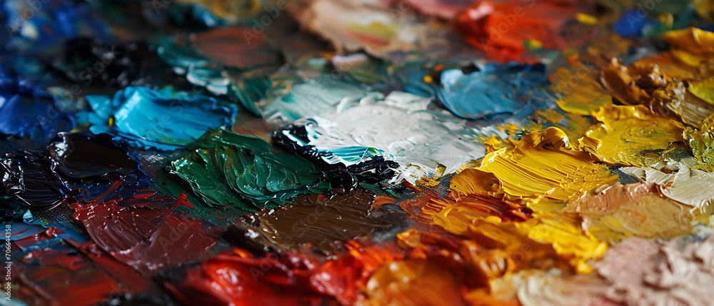 Uma fotografia em close-up de uma paleta cheia de tintas a óleo vibrantes, mostrando os materiais e cores usados na criação de uma obra de arte.