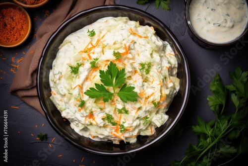 Salad of fresh chopped white cabbage and carrots with mayonnaise dressing