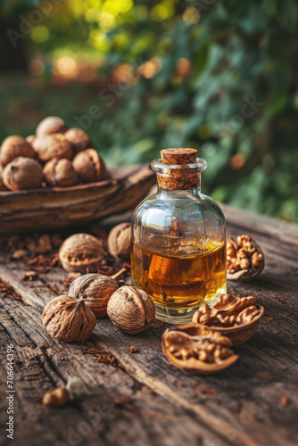 Walnut oil stands in a glass bottle on a wooden table with walnuts on a background of greenery
