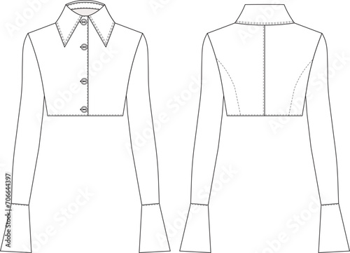 flared cuff long sleeve buttoned short crop cropped jacket shirt template technical drawing flat sketch cad mockup fashion woman design style model