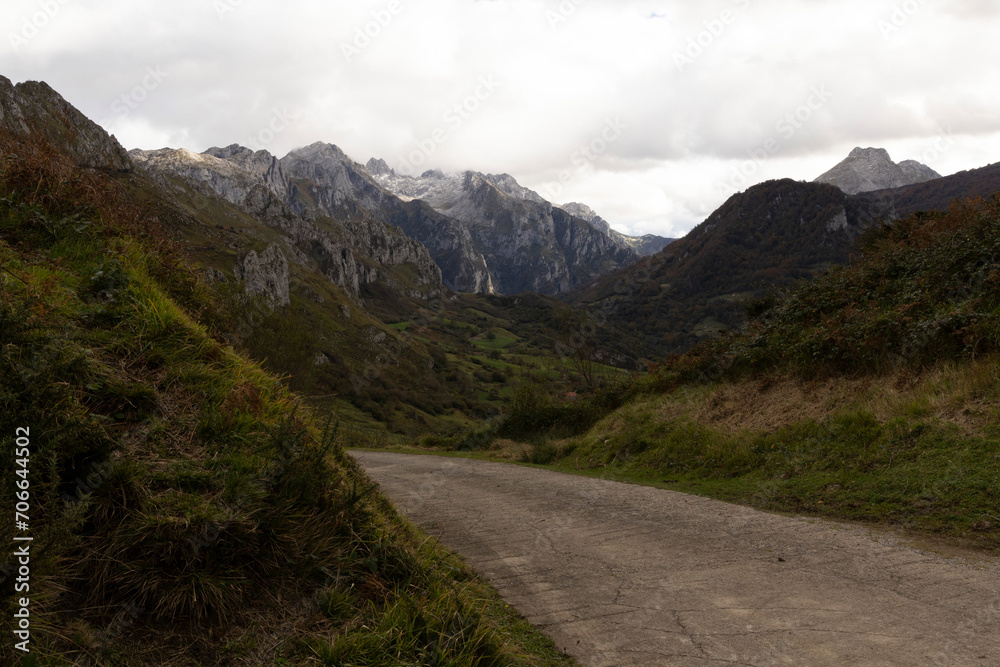Panorama landscape of mountain village in Picos de Europa National Park