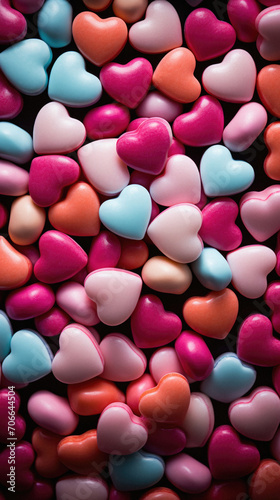 Colorful heart shaped candies on dark background. Top view.