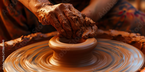 Um close-up das mãos de um oleiro cobertas de argila, habilmente moldando uma escultura de argila em uma roda de oleiro