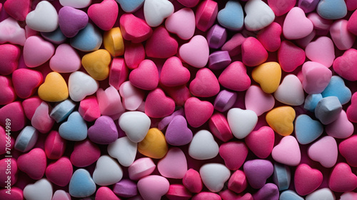 Colorful candies in the form of hearts as a background.